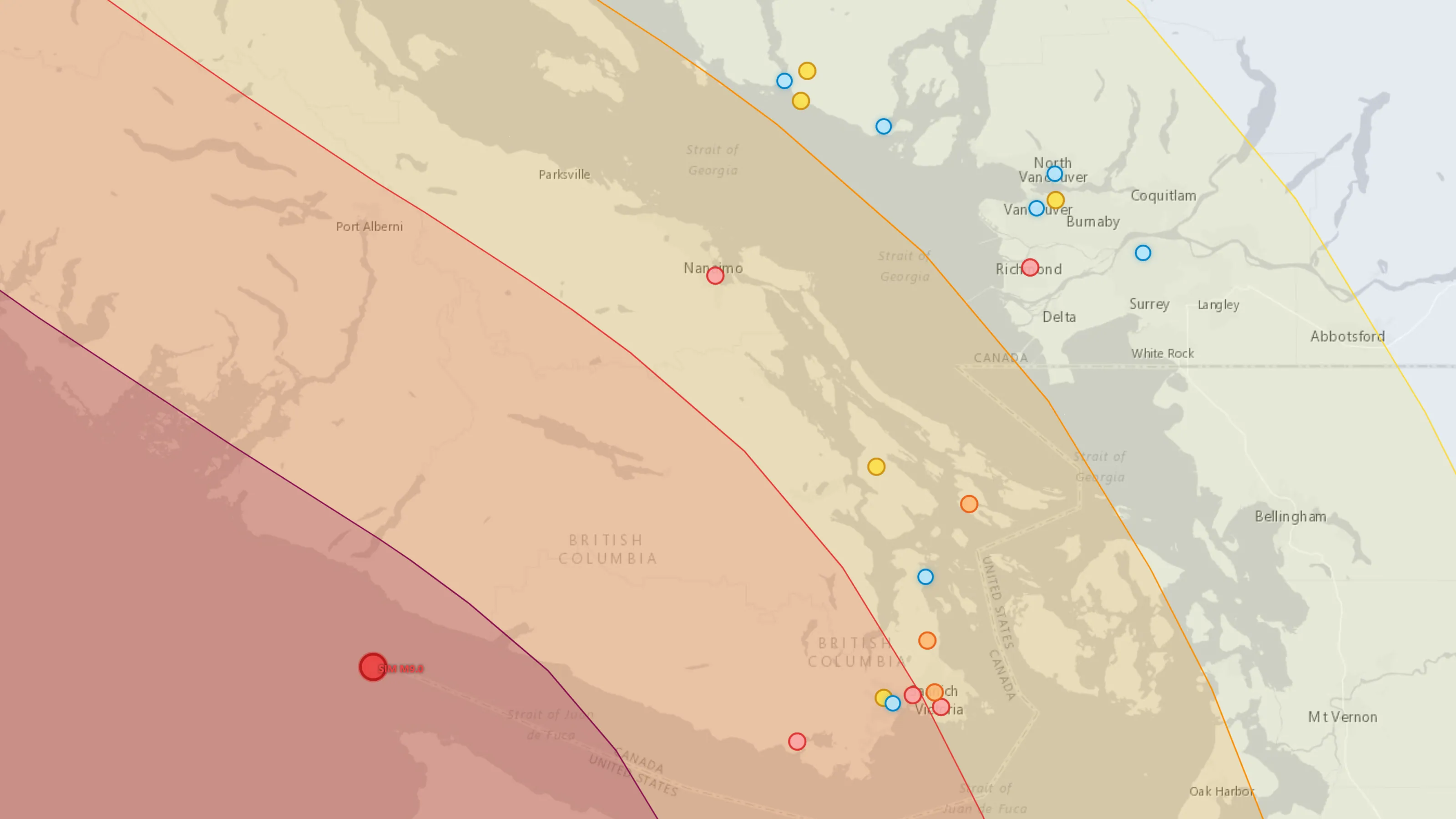 FacilityShake after a simulated Cascadia M9.0 — impacted facilities coloured on the map