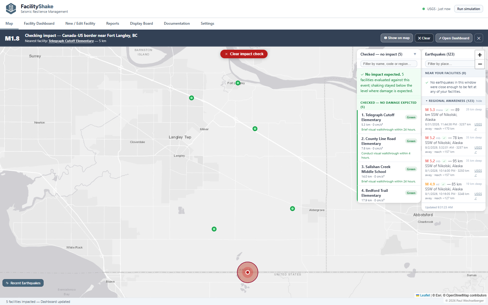 FacilityShake running an impact check on a small border earthquake near Fort Langley — five schools checked, no damage expected, everything green