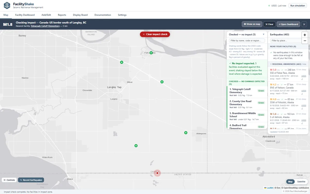 FacilityShake running an impact check on a staged small earthquake on the border south of Langley — five schools in a fictional portfolio checked, no damage expected, everything green