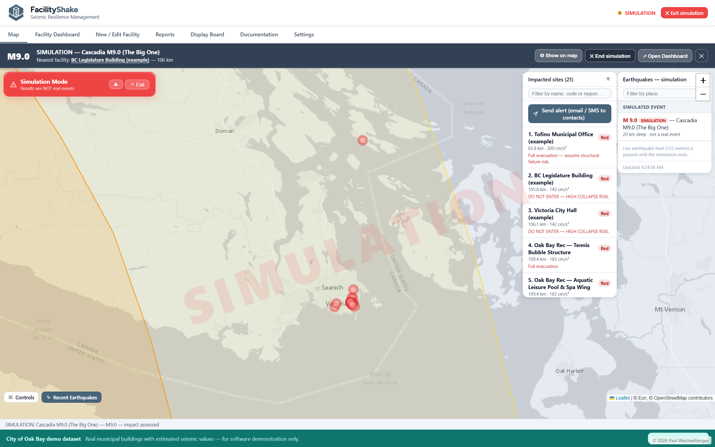 A simulated earthquake scenario applied across a facility portfolio, with per-building impact ranked on the map