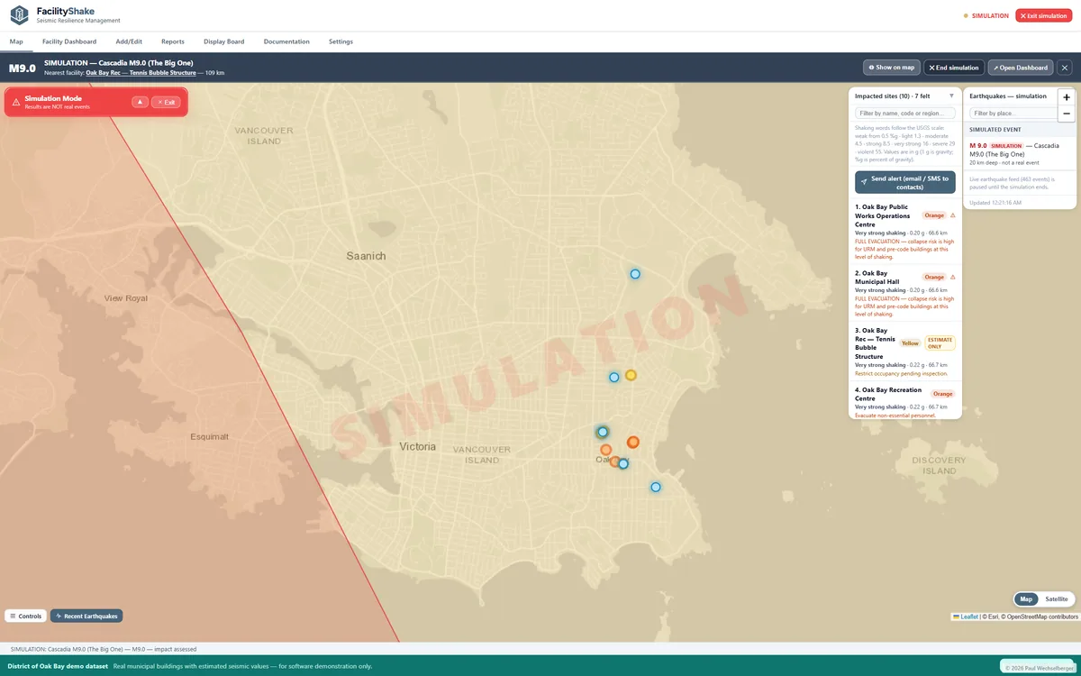 A simulated earthquake scenario applied across a facility portfolio, with per-building impact ranked on the map