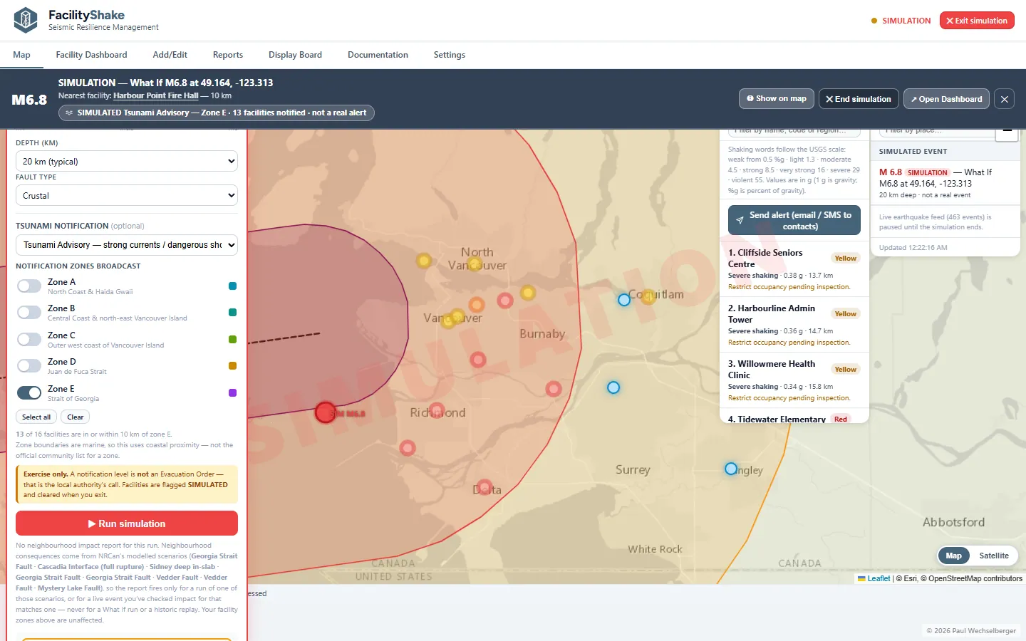 A What-if M6.8 in the Strait of Georgia with a tsunami advisory broadcast to Zone E — the earthquake and the alert carried together on the bar across the top of FacilityShake, every facility ranked